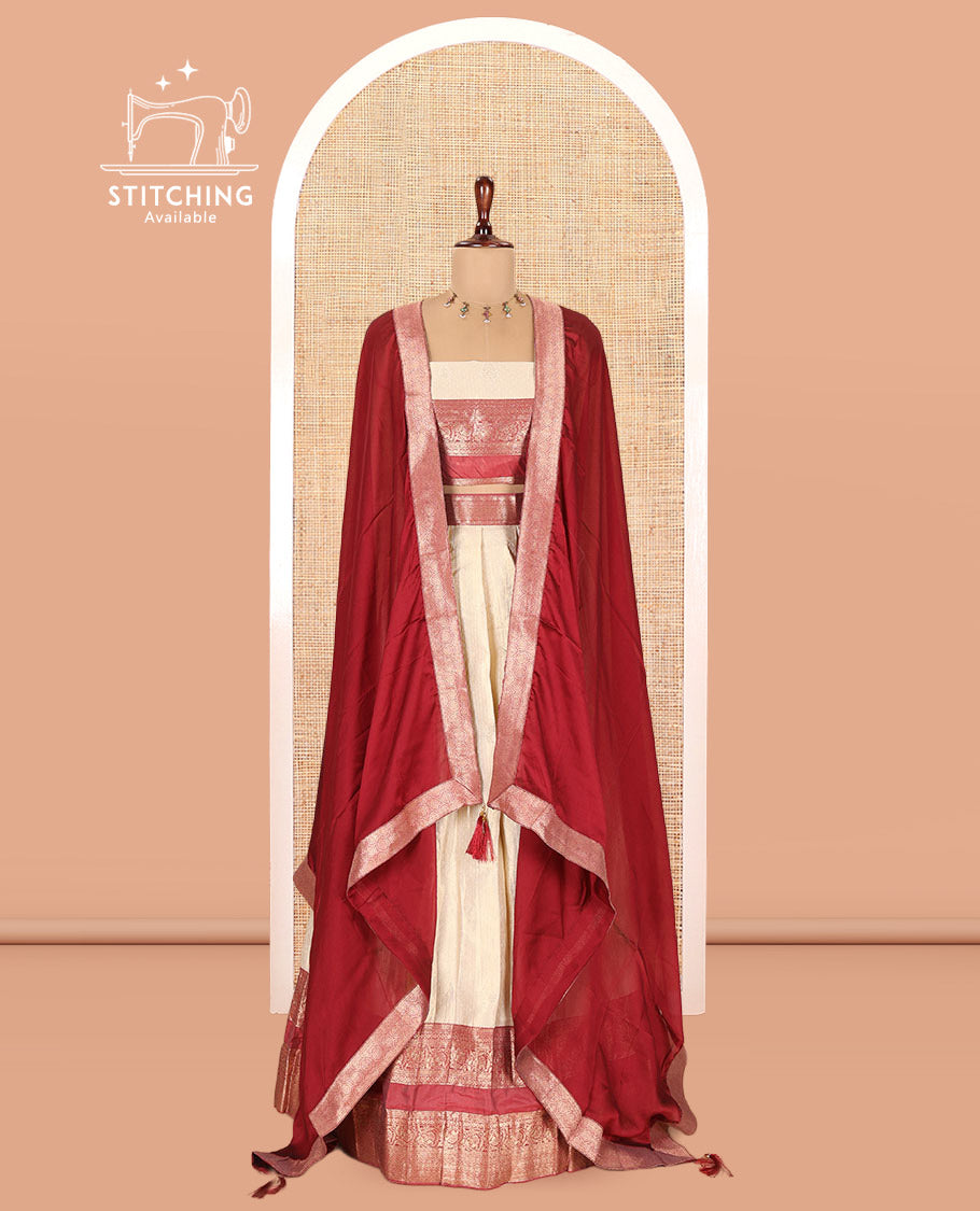 Cream-Maroon Semi-Silk Half-Saree