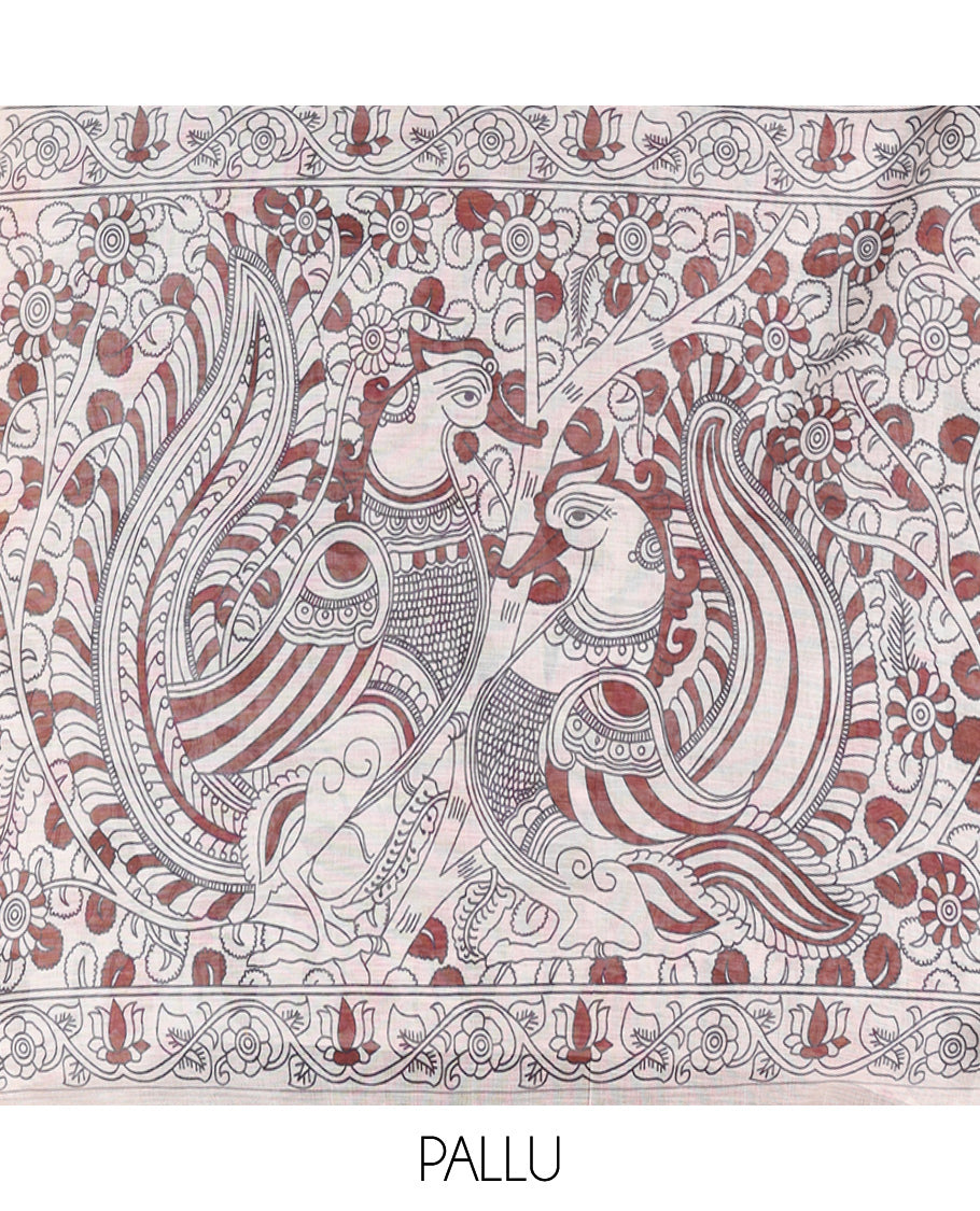 Brown Linen Cotton Saree, Embellished with Kalamkari Floral-Bird Print, Contrast Border, Kalamkari Peacock Pallu, a Contrast Blouse