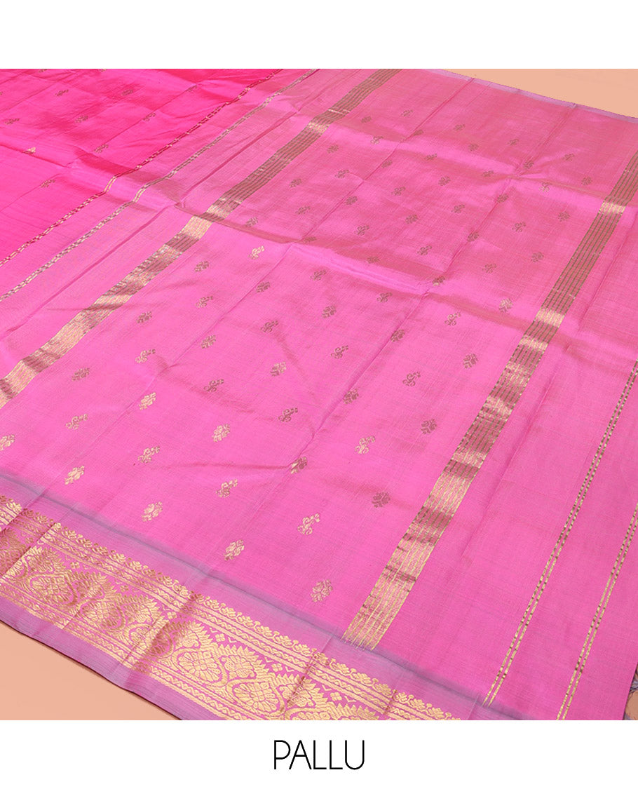Pink Kanchipuram Silk Saree, Detailed with Zari Buttas, a Contrast One-Sided Traditional Border, Zari Design Pallu, and No Blouse
