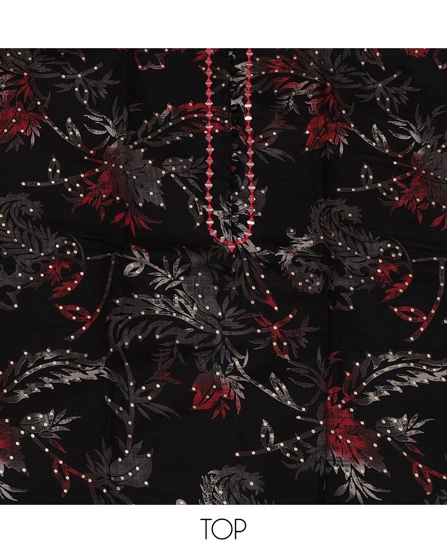 Black Material Chudidar Set, Beautified with Leaf-Floral Printed Rayon Top, Captivating Contrast Plain Rayon Bottom, and Paired with Leaf-Floral Printed Chanderi Silk Dupatta
