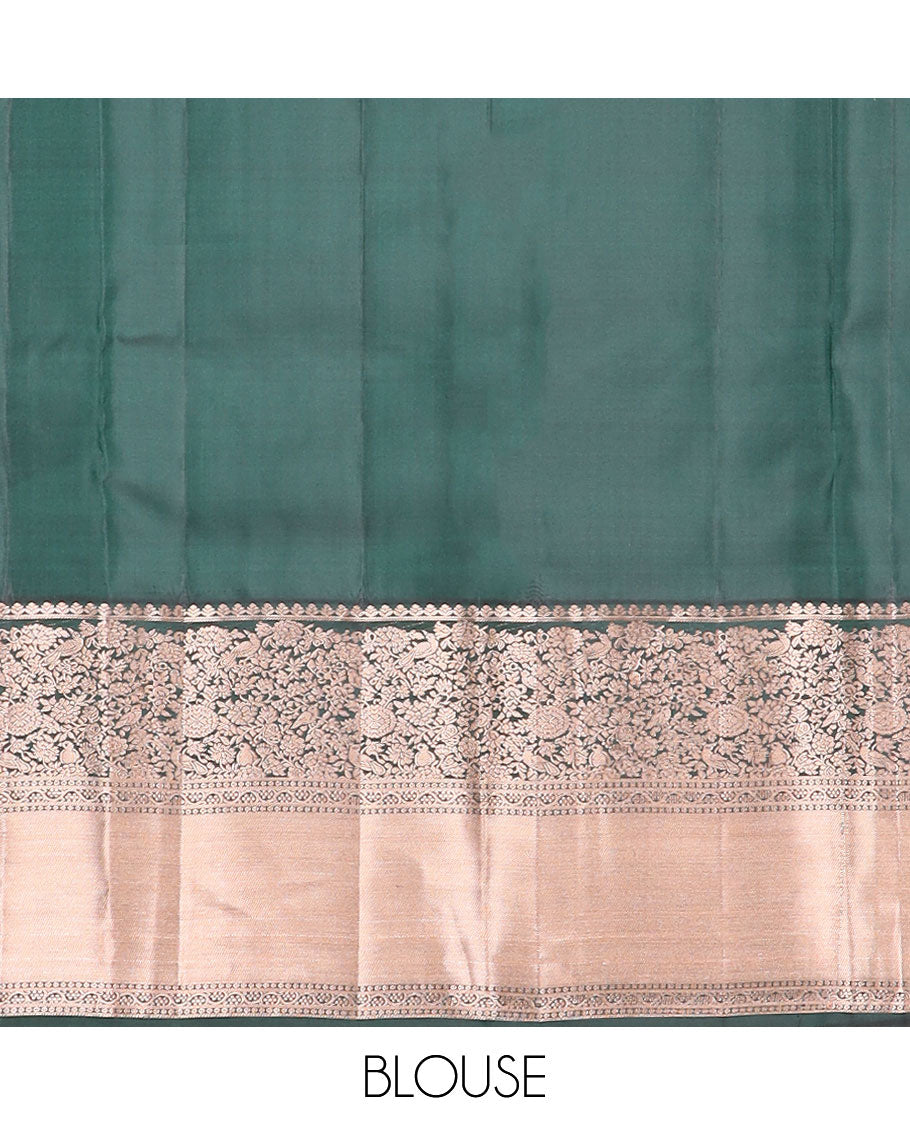 Orange floral buttas silk saree with contrast korvai border of thilakam mokku, kodi visiry, banras design & jaal pallu