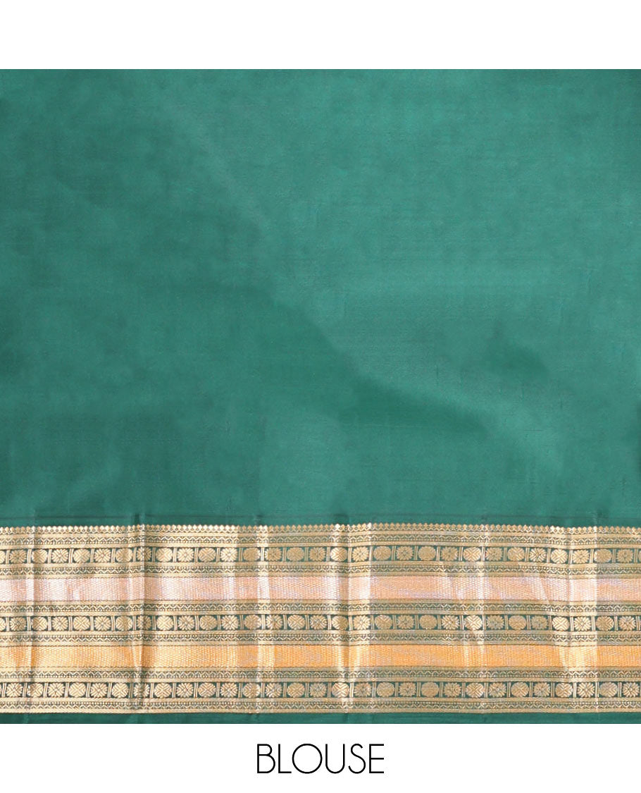 Orange Vasundhara Silk Saree, Woven with Zari Buttas, Contrast Border of Thilakam Mokku, Neli, Muthu, Kuyil Kann, Rudraksham, and Star Vanki, Grand Pallu, and a Contrast Blouse