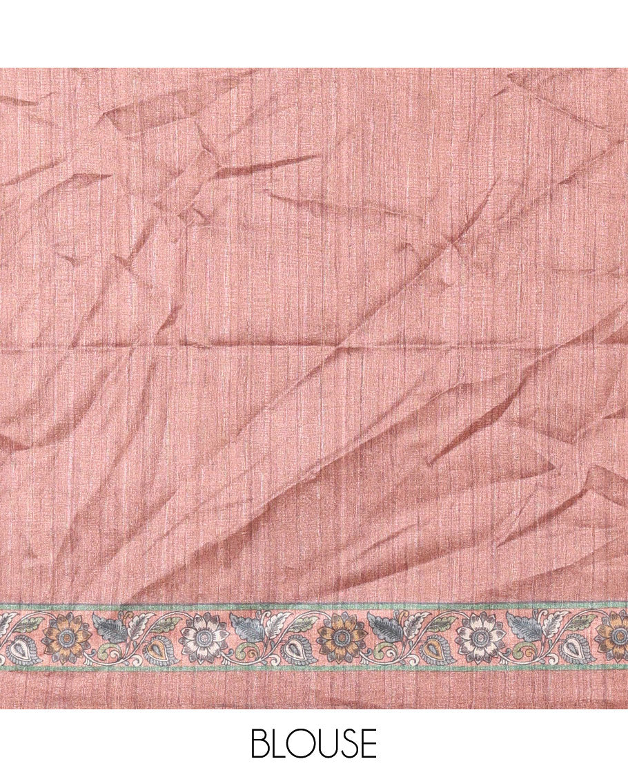 Brown kalamkari floral vine printed fancy tussar saree, floral printed border, Tree of life printed pallu, and a matching blouse