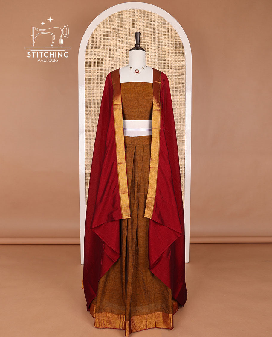 Brown mercerised cotton daman zari border half saree with cotton blouse & georgette one side zari border