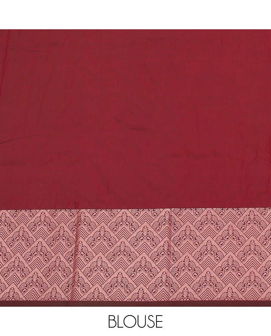 Orange Art Silk Pavadai Material Set, Featuring Leaf Zari Buttas All Over the Skirt, Complemented by a Contrast Jaal Patterned Zari Design Border, and Paired with a Contrast Blouse