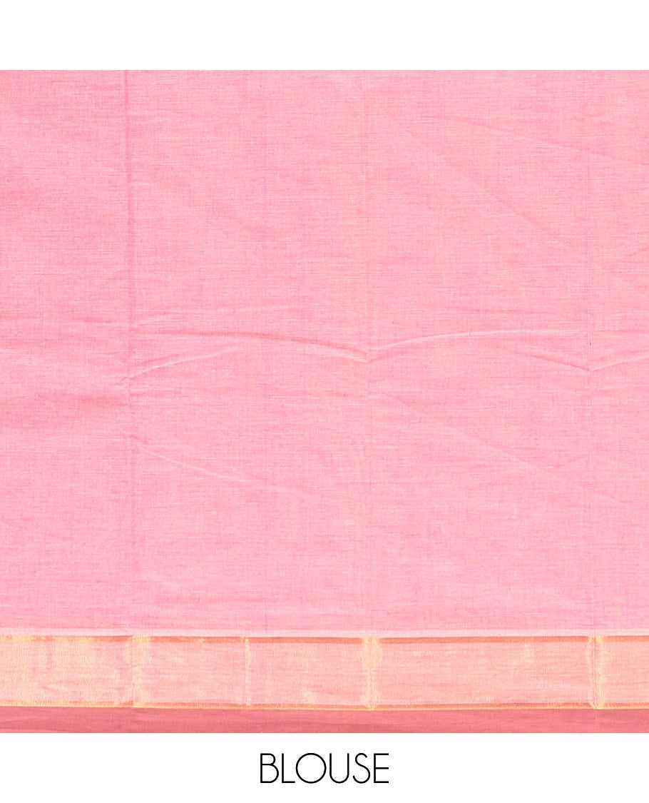 Pink Kanchi Cotton Saree, Adorned with Buttas All Over Its Body, a Complemented by Contrast Border, Pallu of Intricate Designs, and Paired with a Matching Blouse