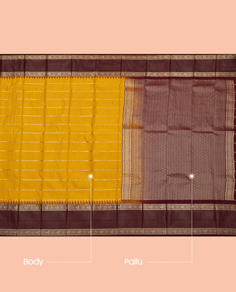Yellow Budget Silk Saree, Sparsely Threaded with Zari Stripes, Complemented by a Contrast Traditional Zari Temple Border, Grand Pallu, and a Contrast Blouse