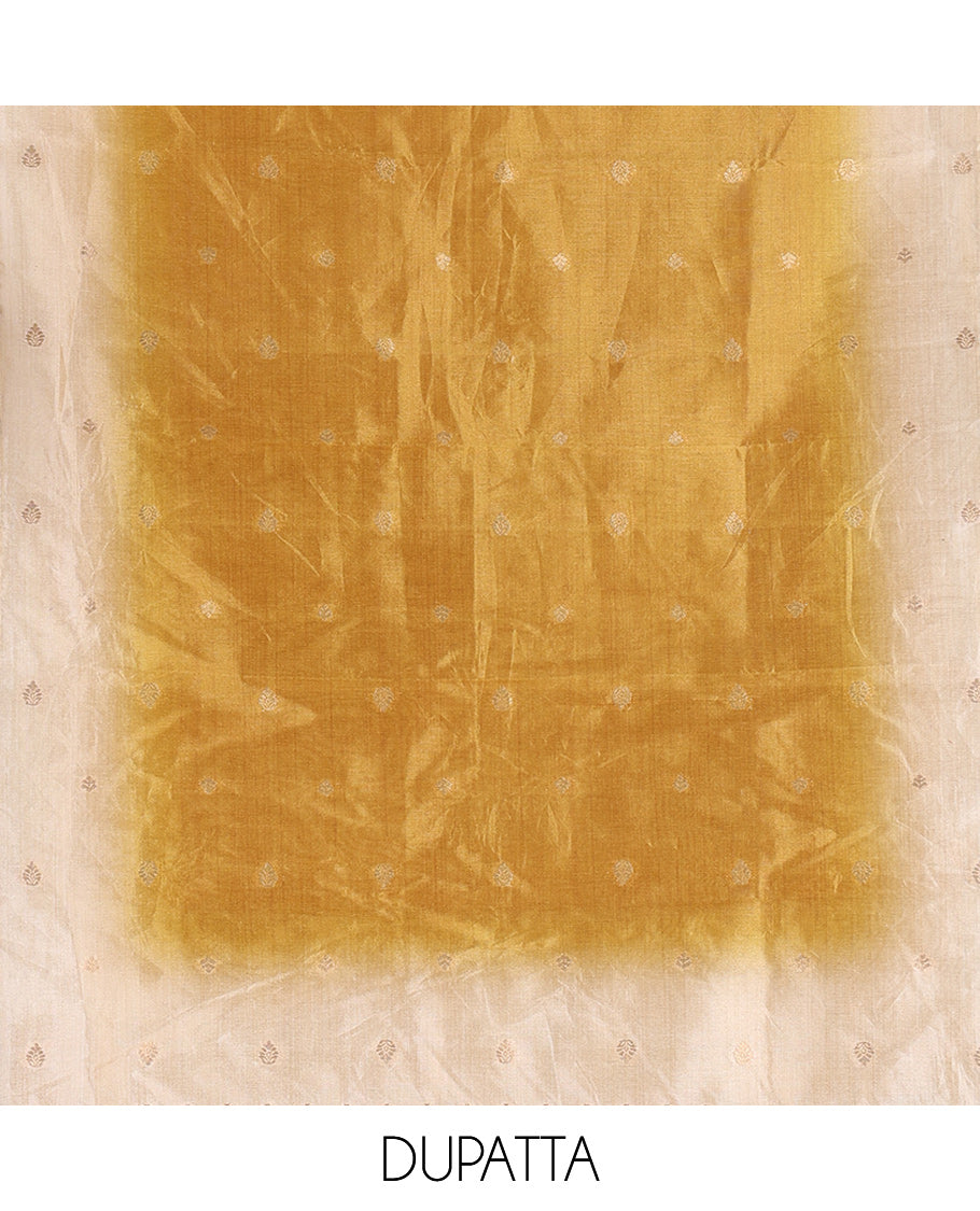 Chikku-Mustard Semi-Tussar Material Chudiddar, Buttas and Neck Work Top, Contrast Bottom, Buttas Dupatta