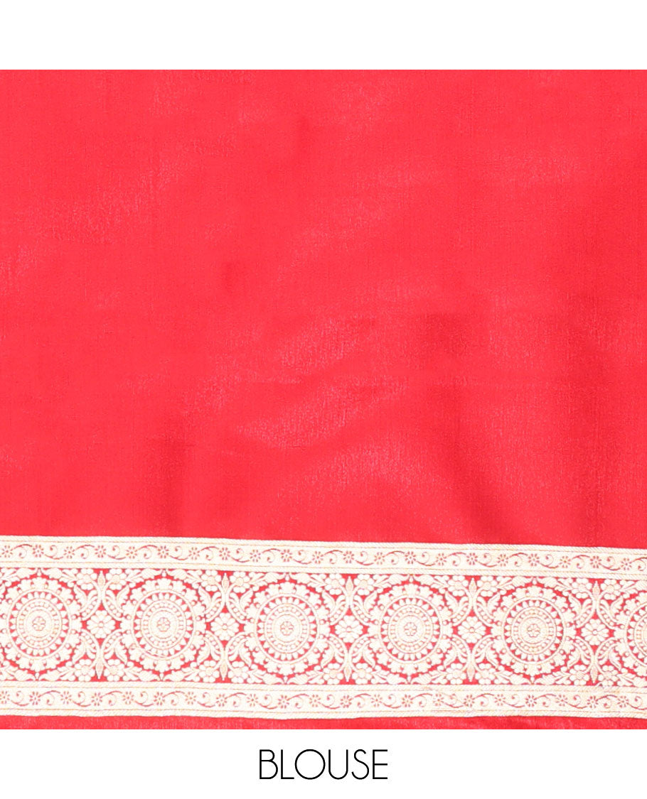 Red floral buttas semi banaras nylon saree with self floral zari design border & paisley design pallu