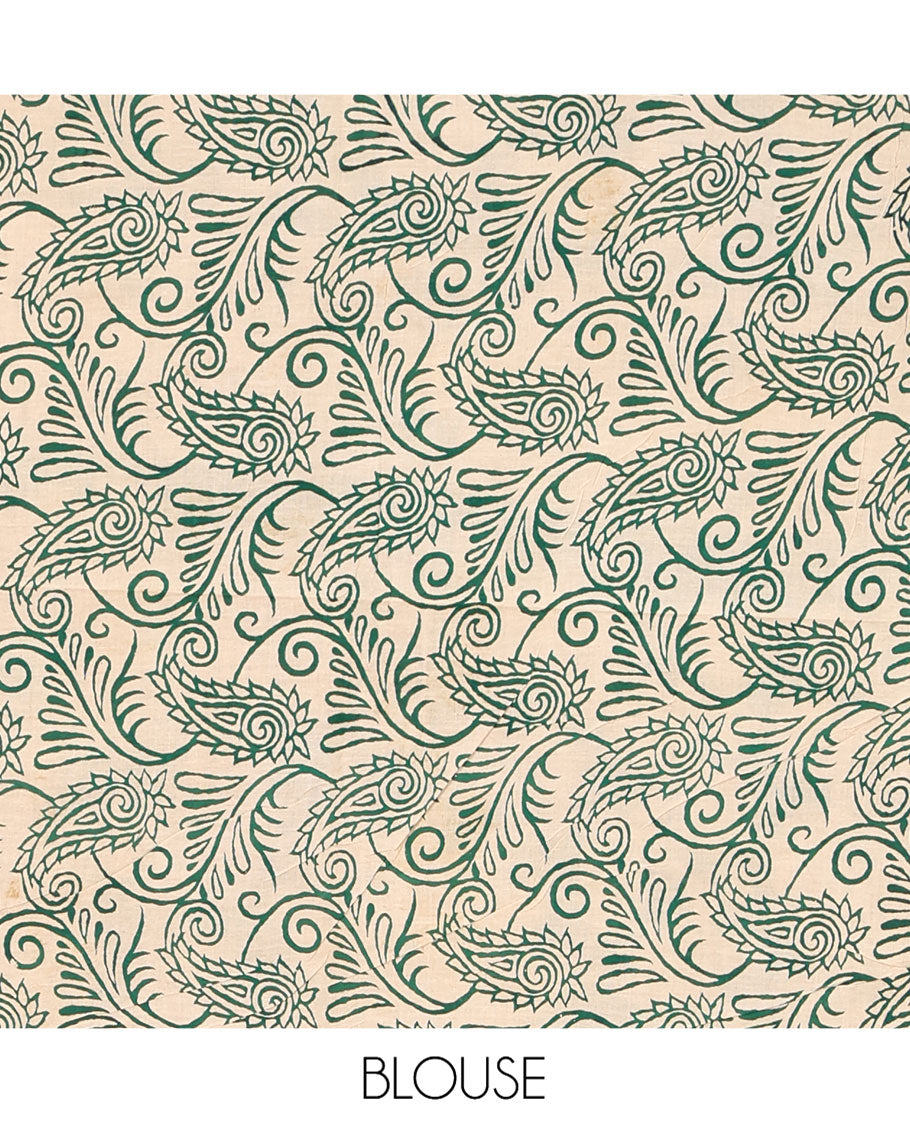 Multi-Color Machine-Printed Kalamkari Cotton Saree, Decked Up with Batik Vines on Its Body, Complemented by a Contrast Border of Batik Paisley Print, Pallu of Floral-Peacock Print, and Paired with a Printed Blouse