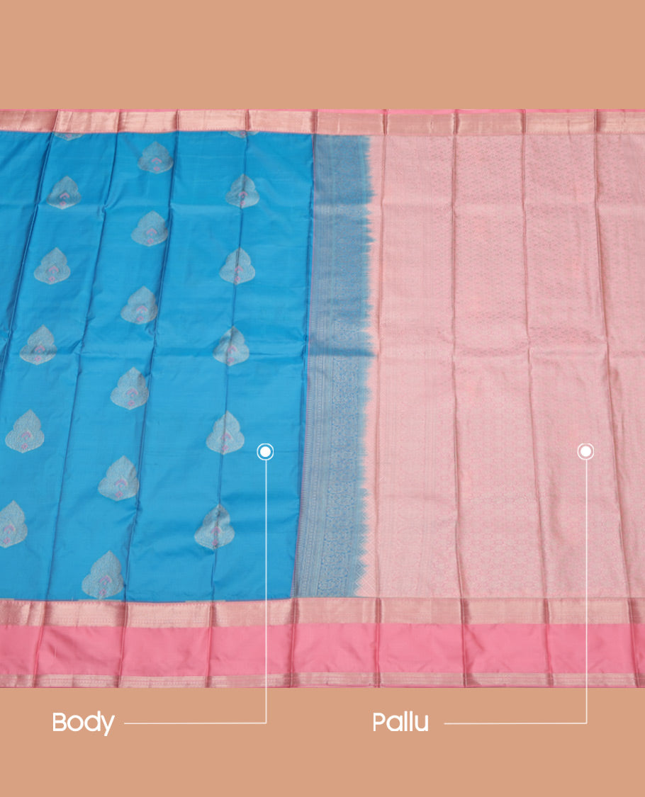 Light Blue Budget Silk Saree, Sparsely Sparked with Zari Buttas All Over Its Body, Complemented by Contrast Traditional Zari Designs Woven Rettai Pettu Border, Grand Jaal Pallu and Paired with a Contrast Blouse
