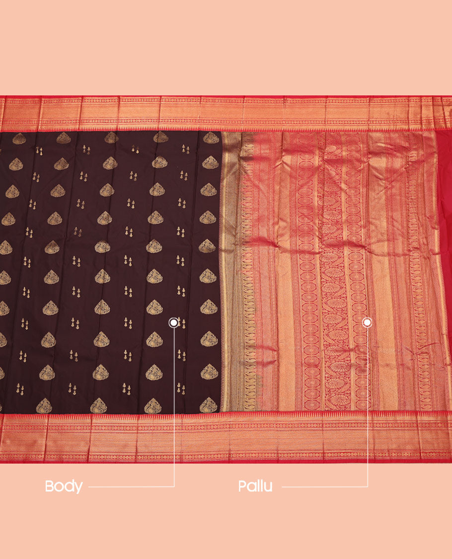 Brown Budget Silk Saree, Decorated with Zari Buttas All Over Its Body, Complemented by a Contrast Traditional Zari Design Border, Grand Pallu, and Paired with a Contrast Blouse