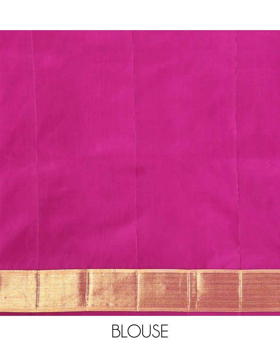 Rani Pink Kanchipuram Designer Silk Saree, Majestically Detailed with Meenakari Floral-Bird Theme Motifs All Over Its Body, Highlighted by a Zari Border of Then Kuli Kann Designs, Grandly Woven Jaal Pallu, and Paired with a Matching Blouse