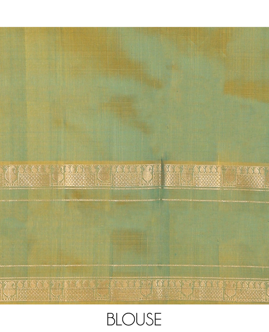 Blue Uppada Silk Saree Graced with Zari Buttas, Complemented by a Contrast Traditional Zari Border of Peacock Veena Designs, Contrast Pallu of Floral Jaal Designs, and Paired with a Contrast Blouse