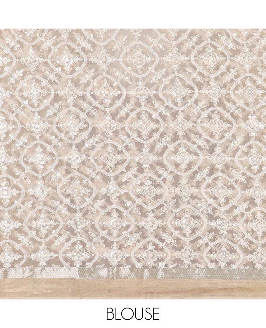 Light brown striped organza saree with self floral embroidery, scallop border