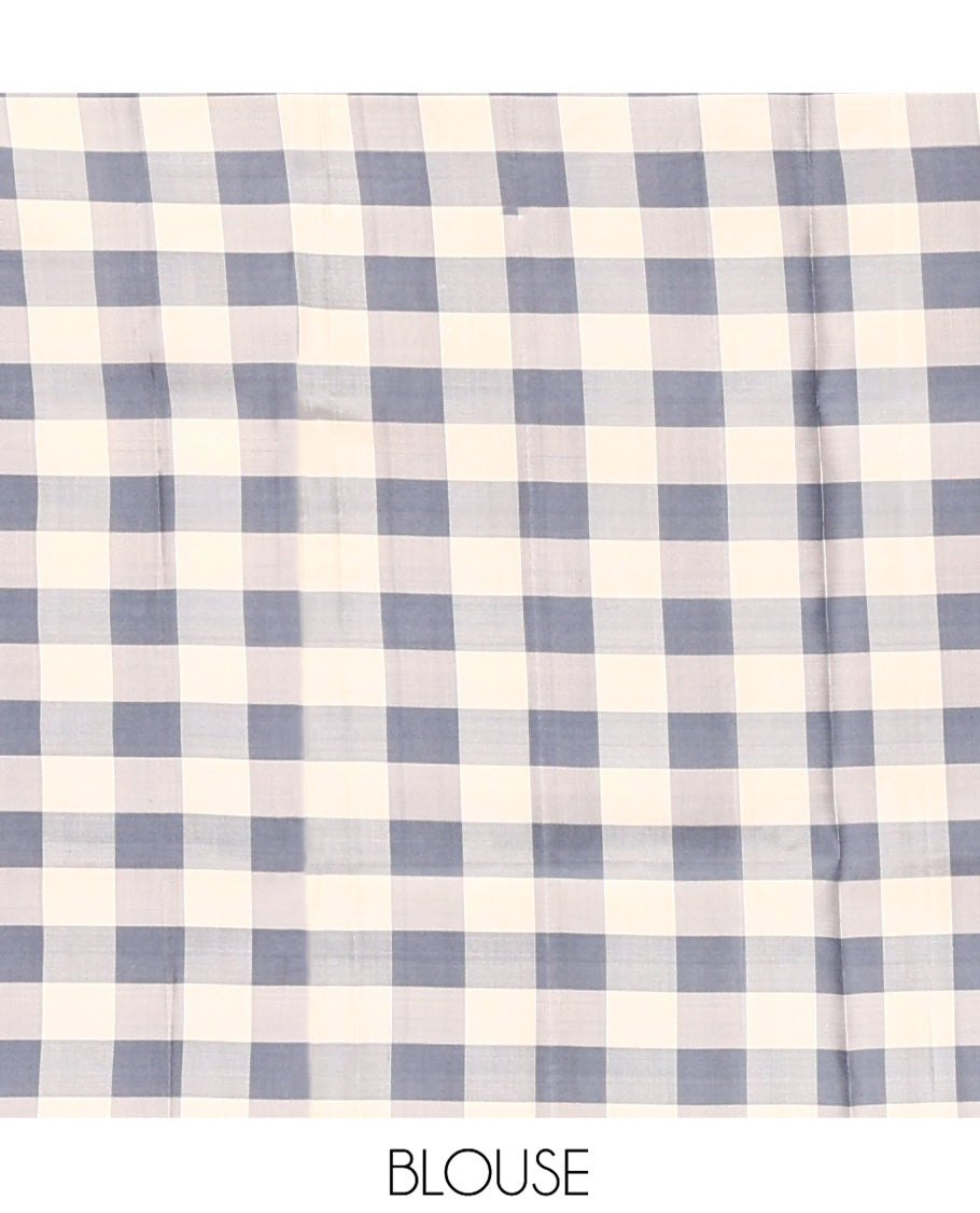 Blue Mayuri Soft Silk Saree, Steeped in Richness with Buttas and Floral Designs on Its Body, Complemented by Contrast Checked Border, Checked Pallu, and Paired with a Contrast Checked Blouse