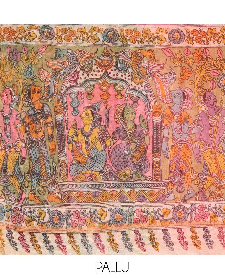 Pink Floral Vine Pen Kalamkari Silk Saree, Contrast Zari Border, God Motif Pallu, Contrast Blouse