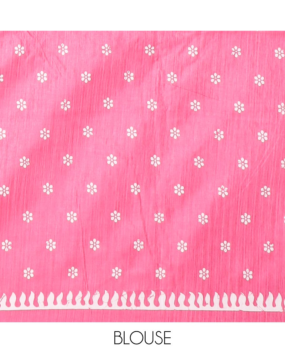 Pink all over weaving pathick printed malgudi silk saree with contrast pathick printed border & printed rich pallu & small butta printed blouse