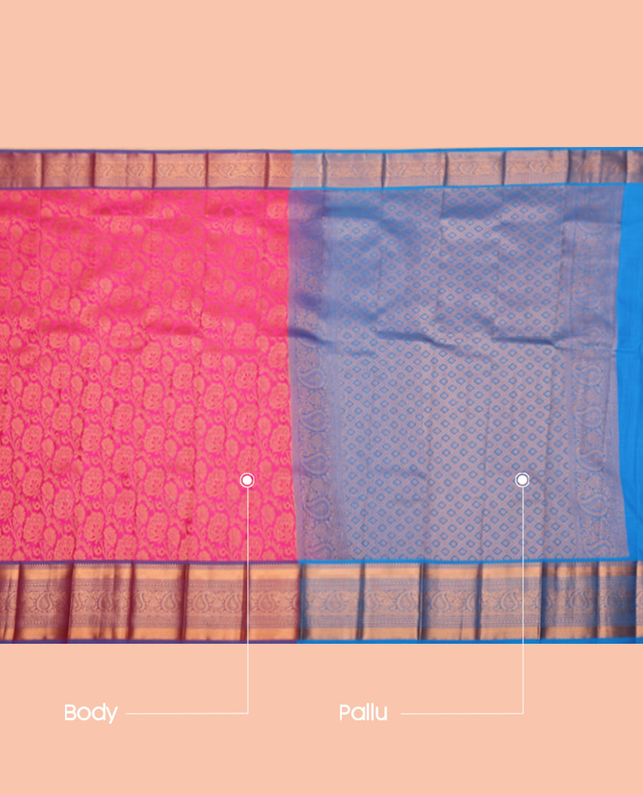 Pink Budget Silk Saree, Decorated with a Jacquard Design, Complemented by a Contrast Traditional Zari Border, Jaal Pallu, and Contrast Blouse
