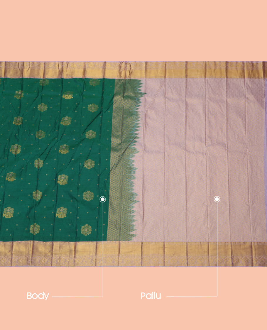 Green Budget Silk Saree, Embellished with Zari Buttas, Complemented by a Contrast Traditional Zari Border, Grand Jaal Pallu, and Contrast Blouse