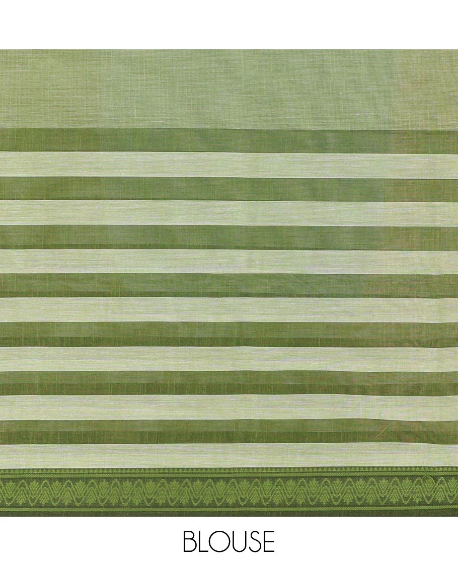 Grey and green stripes and plain Mangalagiri cotton saree, contrast plain border, striped pallu, and a contrast horizontal striped blouse