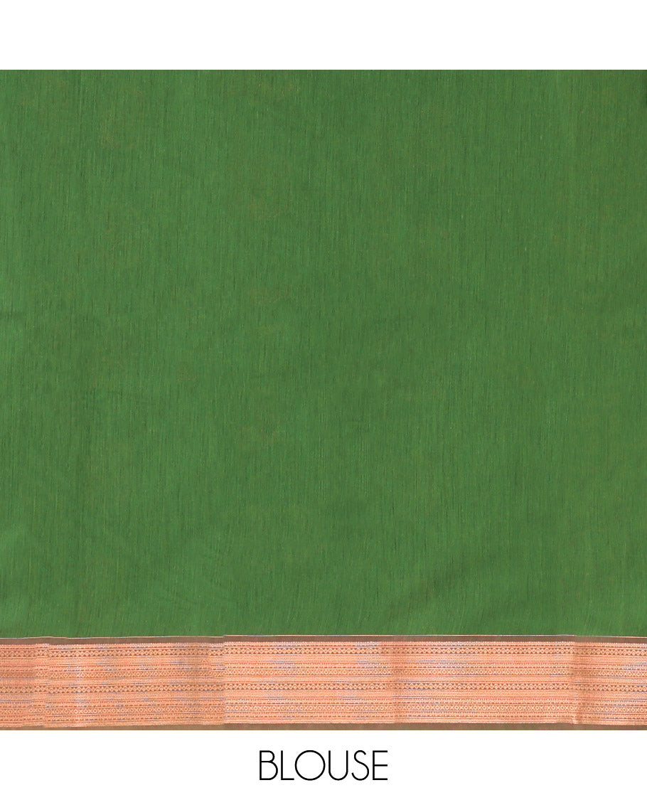 Green Semi-Silk Cotton Saree, Bedecked with Zari Buttas All Over Its Body, Highlighted by a Traditional Zari Border, Pallu of Paisley Designs, and Paired with a Matching Blouse