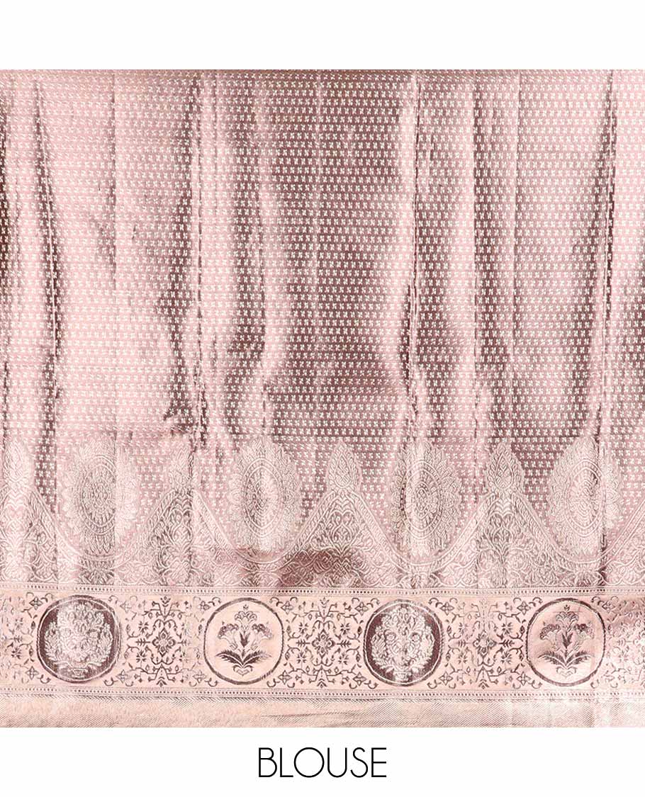 Pink floral jacquard tissue saree with contrast intricate zari design border & floral jaal zari design pallu