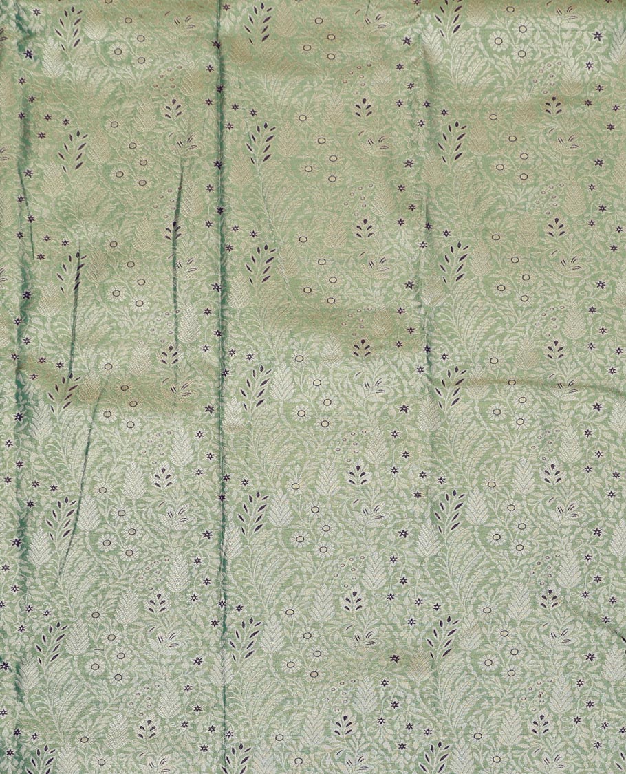 Green Art Silk Half-Saree, Richly Detailed with Jacquard Design, Contrast Intricate Motif Border, Paired with a Contrast Jacquard Blouse, and an Intricate Dhavani