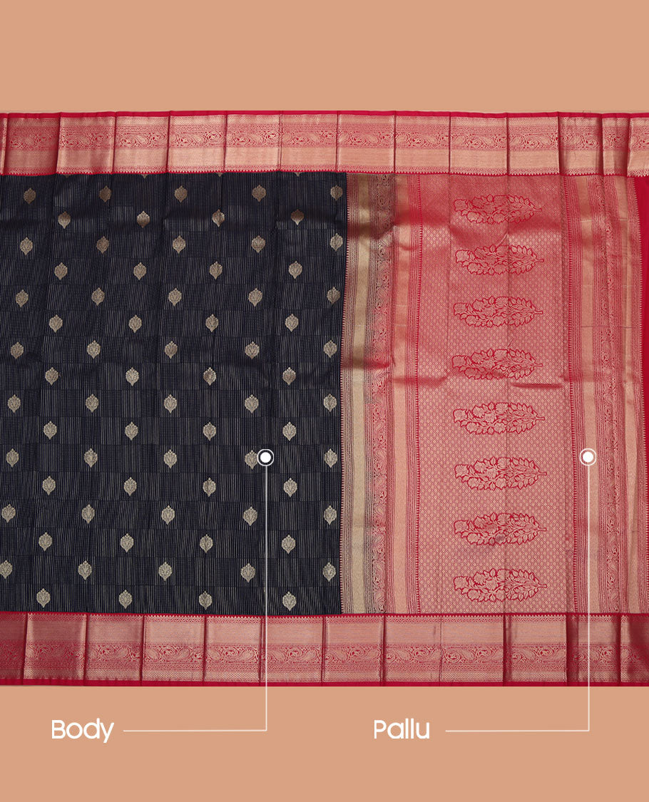 Blue Budget Silk Saree, Detailed with Zari Buttas and Stripes All Over Its Body, Complemented by a Contrast Traditional Zari Design Border of Paisleys, Grand Pallu of Floral Designs, and Paired with a Contrast Blouse