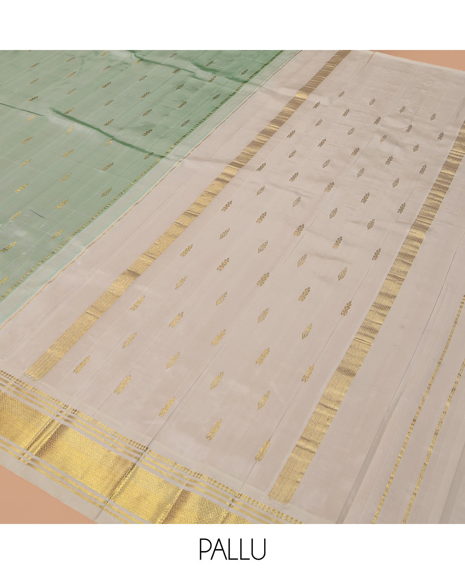 Pale Green Kanchipuram Silk Saree, Woven with Zari Buttas, Complemented by a Contrast One-Sided Border of Panner Sombu, Banaras, and Mayil Kann Designs, Zari Woven Pallu, and a No Blouse