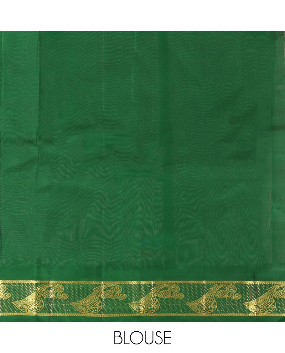Green Kanchipuram Silk Saree, Woven with Zari Buttas, a Musical Instrument Motif Woven Border, Zari Design Pallu, and a Matching Blouse