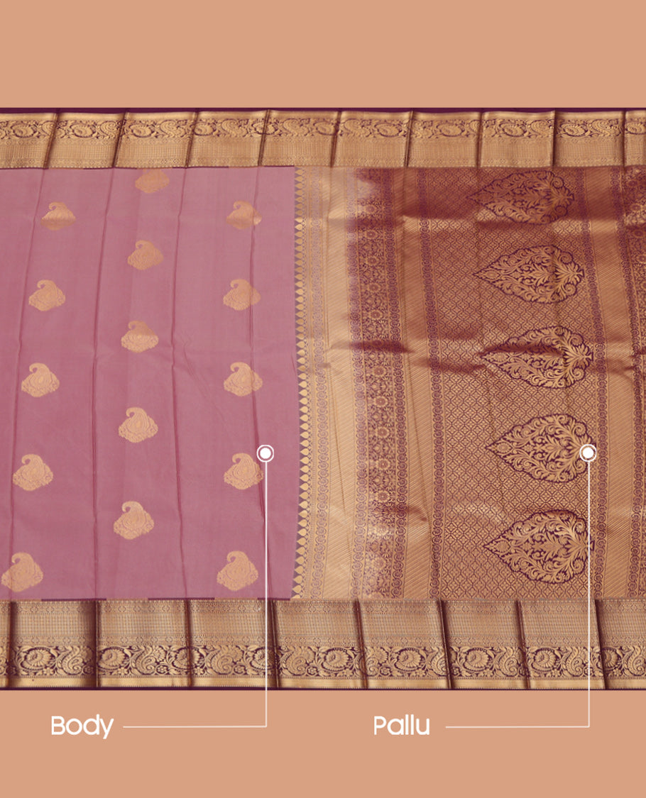 Rosewood Pink Budget Silk Saree, Spotlighted with Zari Buttas, a Contrast Traditional Border, Grand Pallu, and a Contrast Blouse