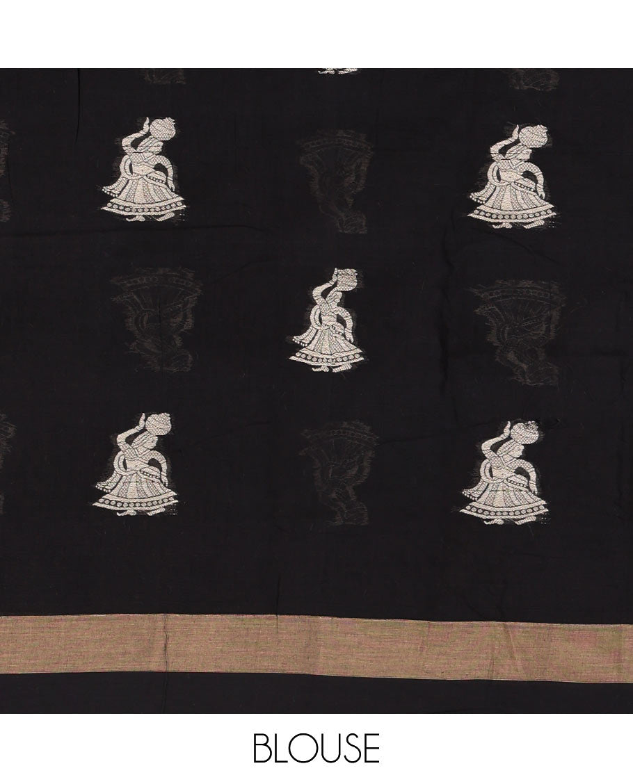 Black girl motifs mercerised cotton saree, bavanji border, girl motifs steeped pallu, and a matching blouse