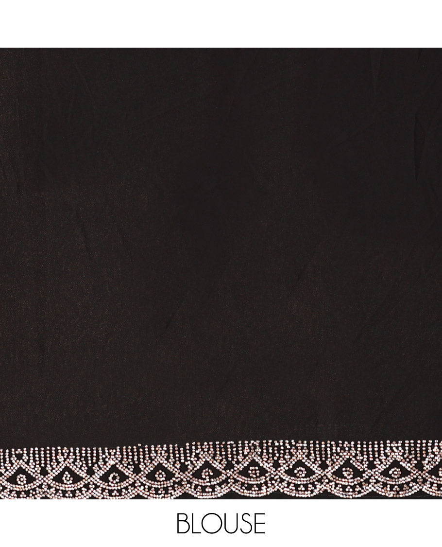 Black Designer Saree, Masterfully Woven with Paisley Embroidery, a Scallop Embroidered Border, and a Matching Blouse