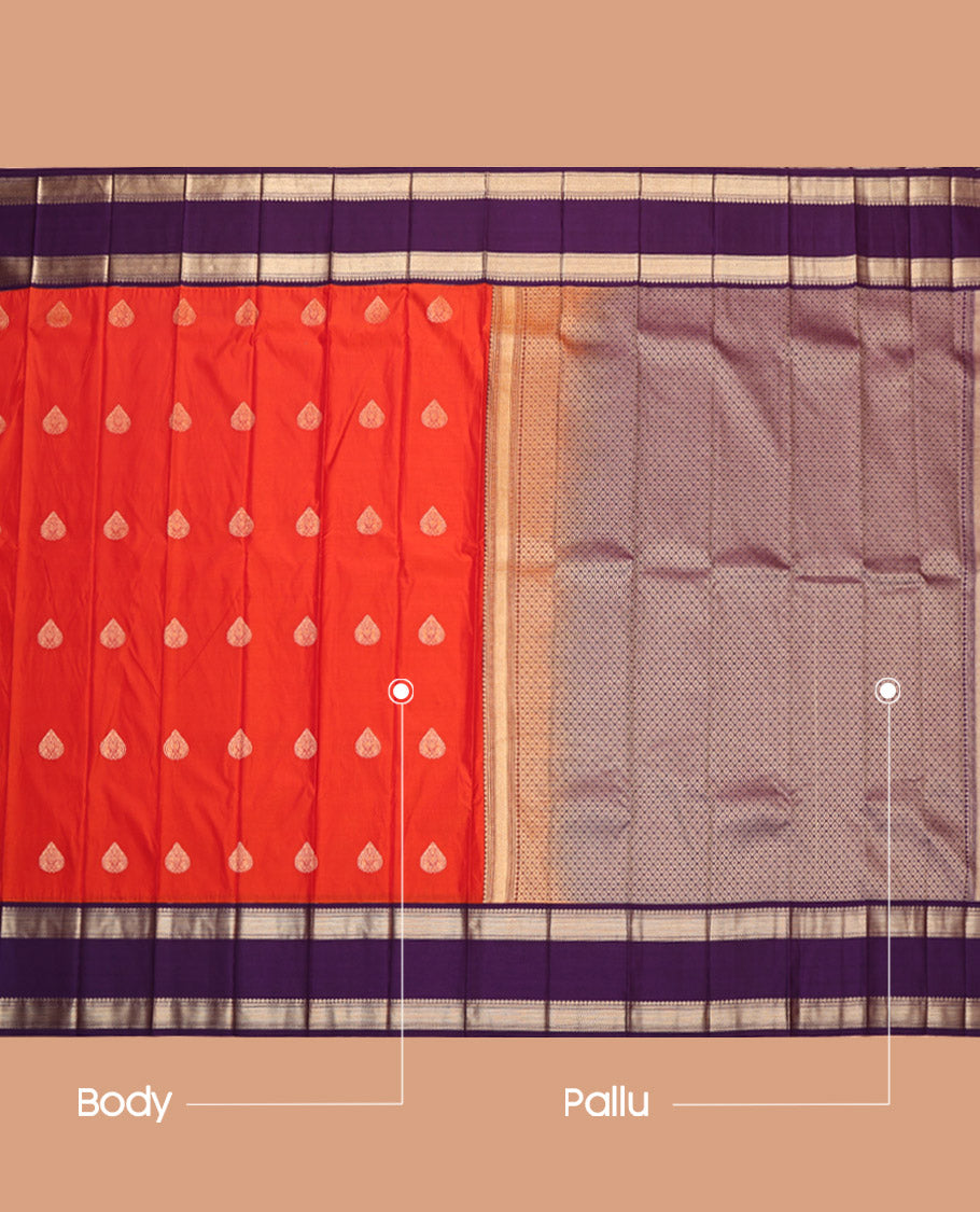 Orange Budget Silk Saree, Woven with Buttas, Complemented by a Contrast Traditional Zari Rettai Pettu Border, Grand Jaal Pallu, and a Contrast Blouse