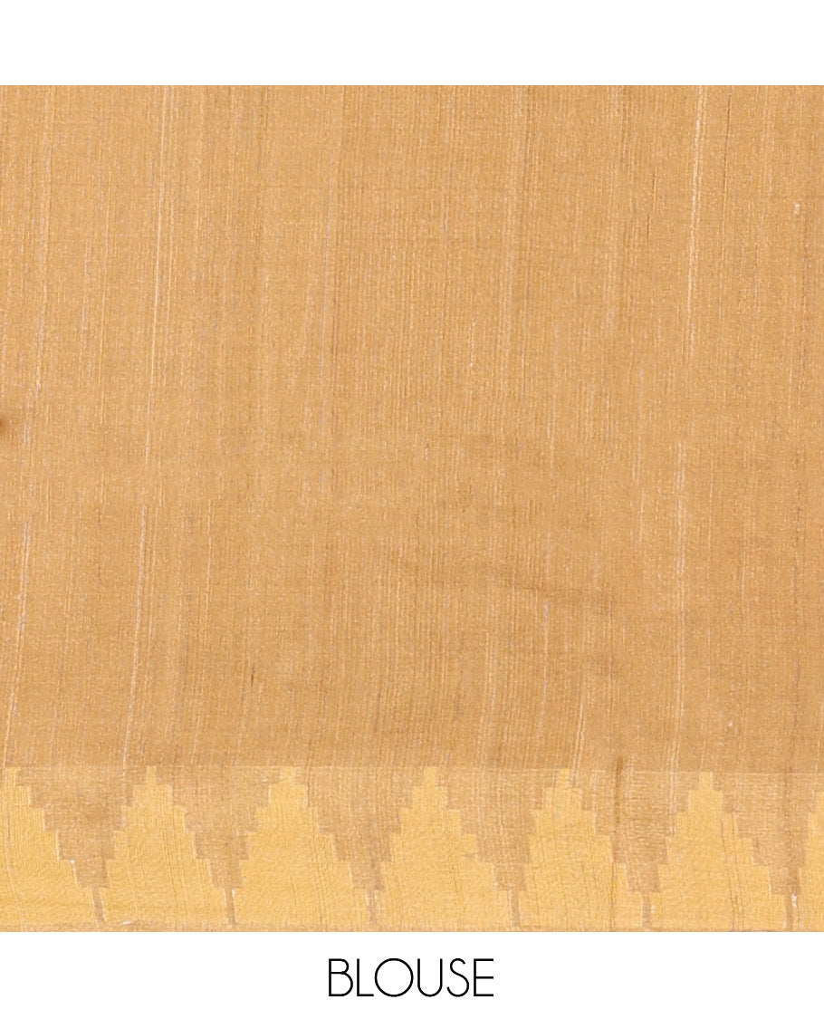 Yellow Tussar Silk Saree, Prettified with Tropical Floral Print, Temple Border, Striped Pallu, and a Matching Blouse