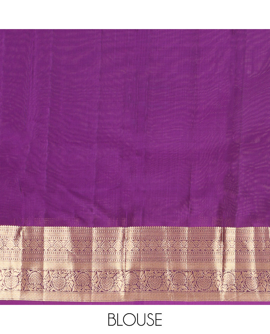 Rust Orange Vasundhara Lite Silk Mix Saree, Detailed with Zari Buttas, Complemented by a Contrast Border of Thilakam, Muthu, Jaal, and Kodi Visiry Designs, Majestically Detailed Pallu, and Paired with a Contrast Blouse