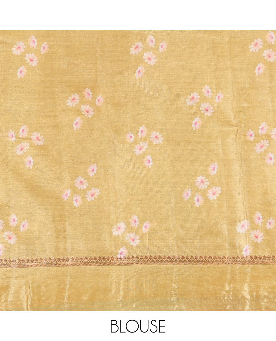 Cream Tusser Silk Saree Features Floral Vine Design, a Contrast Floral Embroidered Border, and a Contrast Blouse