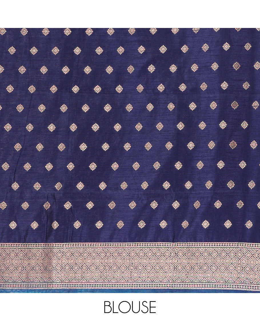 Blue banaras style butta linen saree with zari border & contrast pallu along with contrast blouse