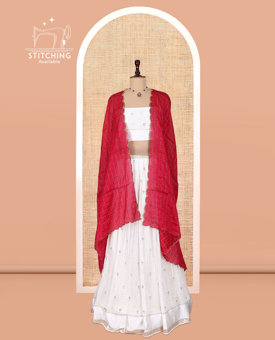Cream-Rani Pink Viscose Georgette Half-Saree, Buttas Skirt, Matching Blouse, Contrast Checked Dhavani
