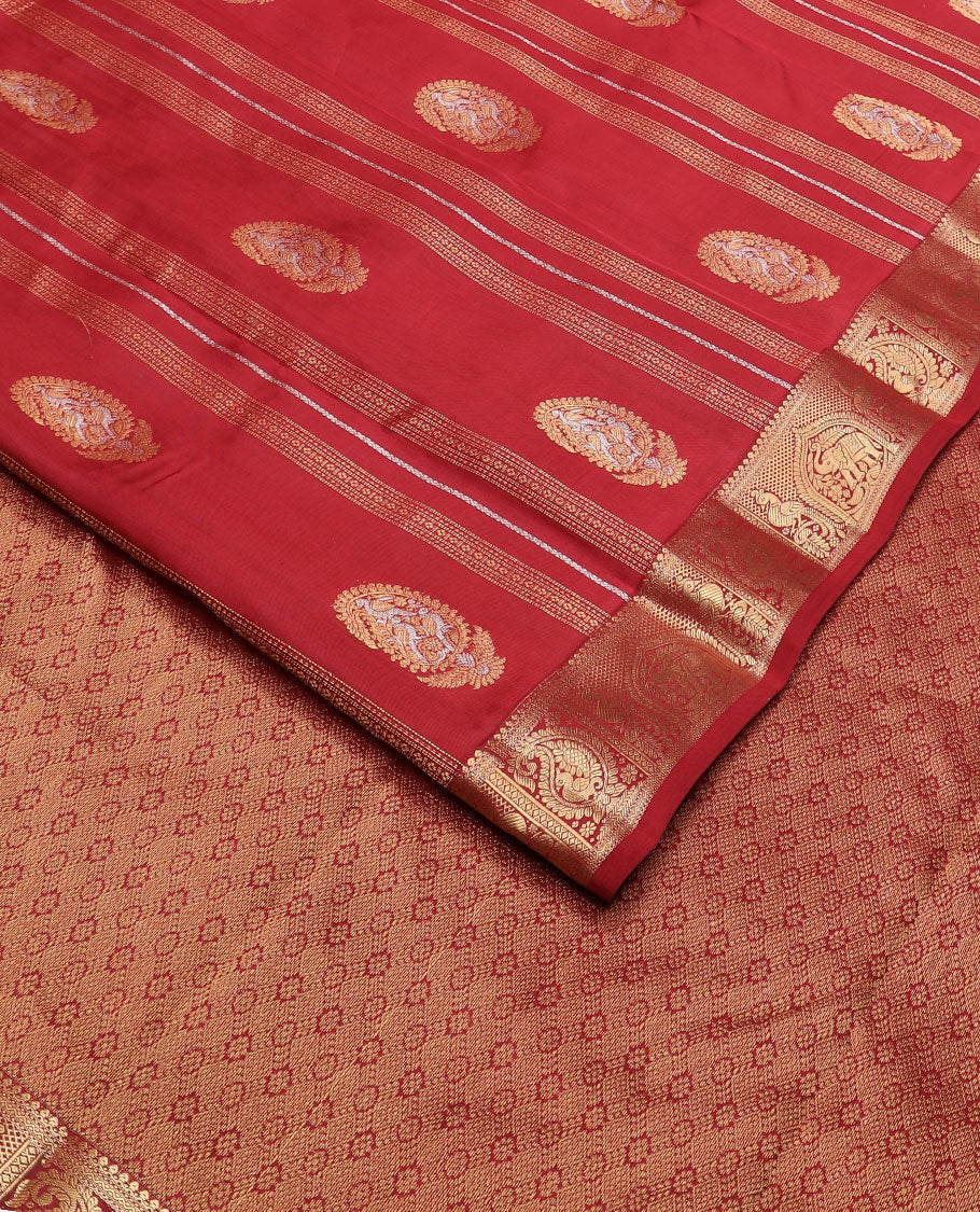 Red manga zari buttas vasundhara silk mix saree, intricate pallu & border of salngai, neli & mayil enclosed manga