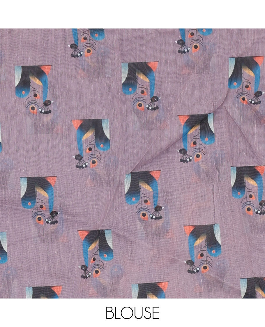 Borderless blue modern art style Radha Krishna motifs printed chanderi cotton saree, big Radha Krishna motifs printed pallu and a contrast printed blouse