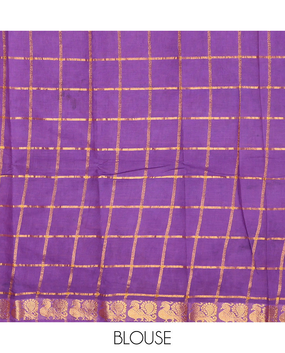 Blue Sungudi Cotton Saree, Embellished with Zari Checks on Its Body, Complemented by a Contrast Peacock Motifs Woven Zari Border, Zari-Checked Pallu, and Paired with a Contrast Blouse