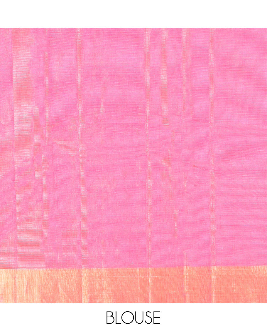 Pink Silk Cotton Saree, Detailed with Rudraksham Buttas, a Gleaming Bavanji Border, Pallu of Geometric Designs, and a Matching Blouse