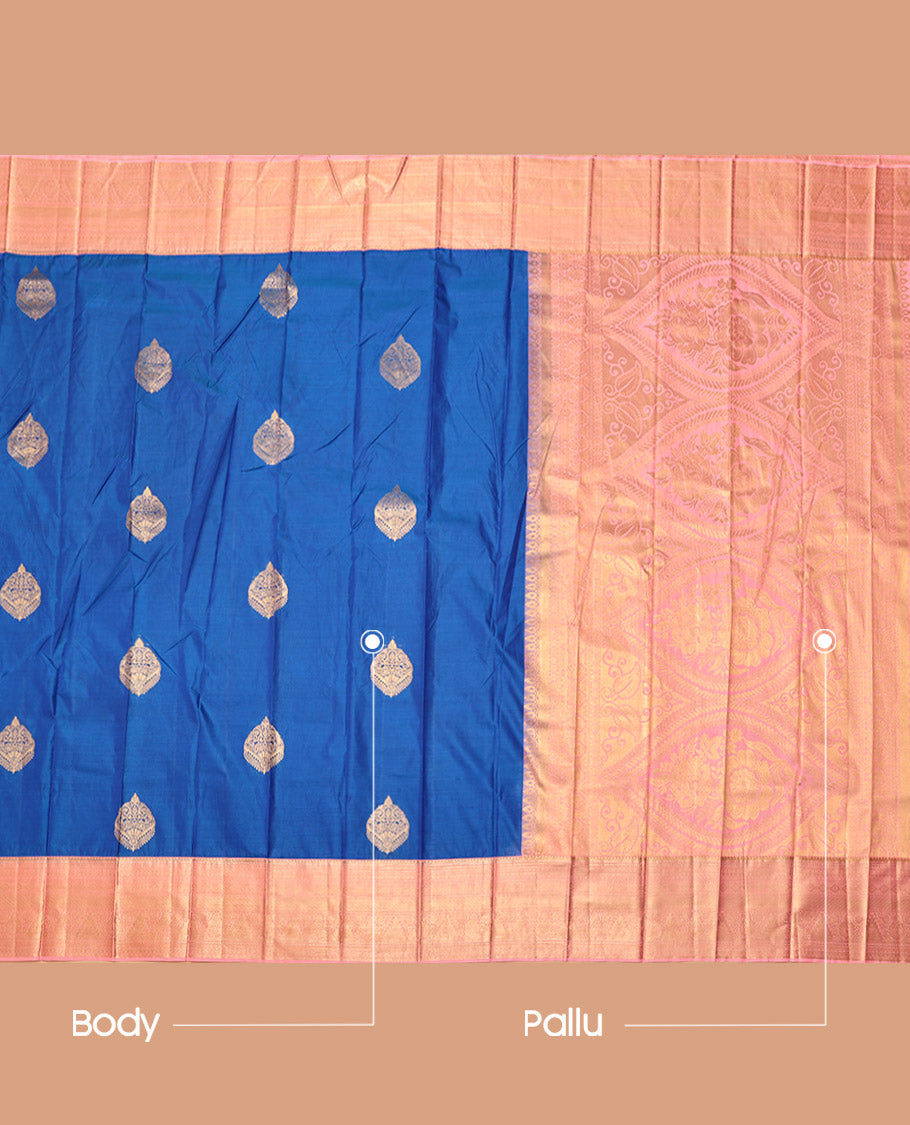 Blue Budget Silk Saree, Accentuated with Zari Buttas, Complemented by a Contrast Traditional Zari Border, Grand Pallu, and a Contrast Blouse