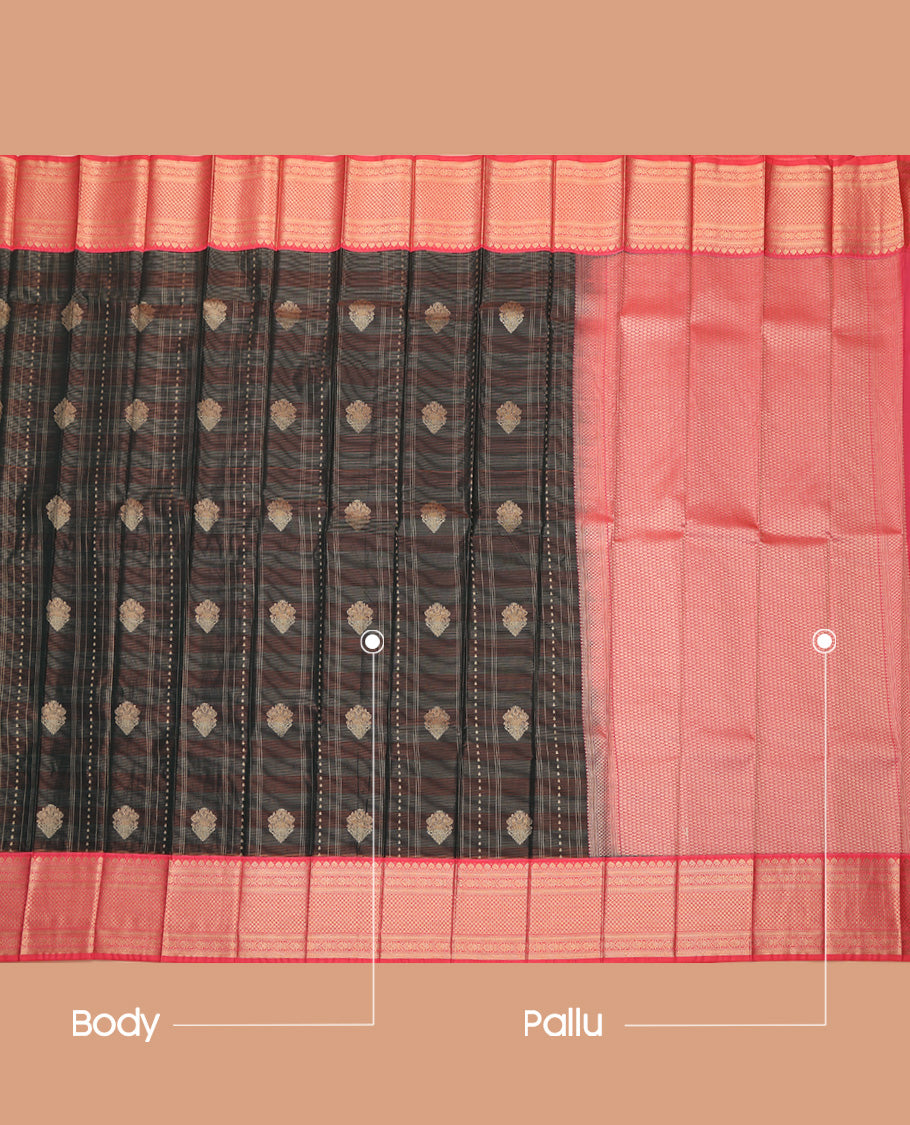 Black Budget Silk Saree, Decorated with Buttas and Stripes All Over Its Body, Complemented by Contrast Traditional Zari Designs Woven Border, Grand Pallu and Paired with a Contrast Blouse