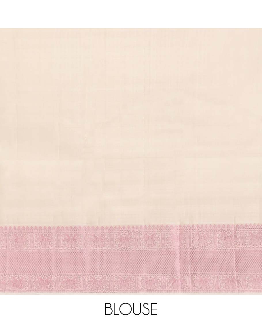 Beige Kanchipuram Silk Saree, Beautifully Bedecked with Thread Buttas, a Self-Border of Thilakam Mokku, Iruthalai Pakshi, and Kuyil Kann, Jaal Pallu, and a Matching Blouse