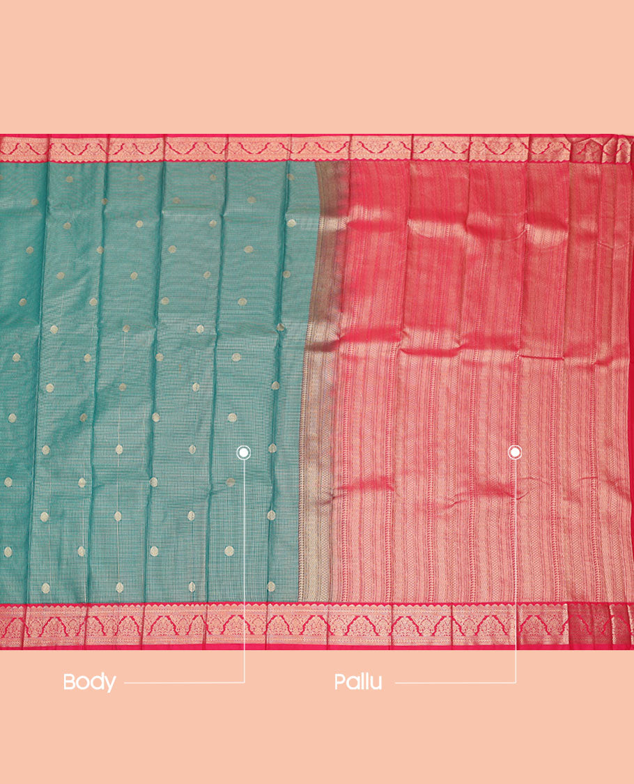 Blue Budget Silk Saree, Showcasing Zari Buttas and Micro-Checks, Complemented by a Contrast Traditional Border, Geometric Patterned Pallu, and a Contrast Blouse
