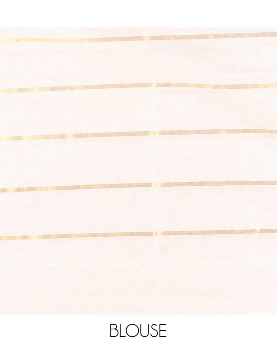 Cream Kerala Cotton Saree, Delicately Woven with Zari Stripes and Buttas, Highlighted by an Intricate Pallu and a Matching Blouse