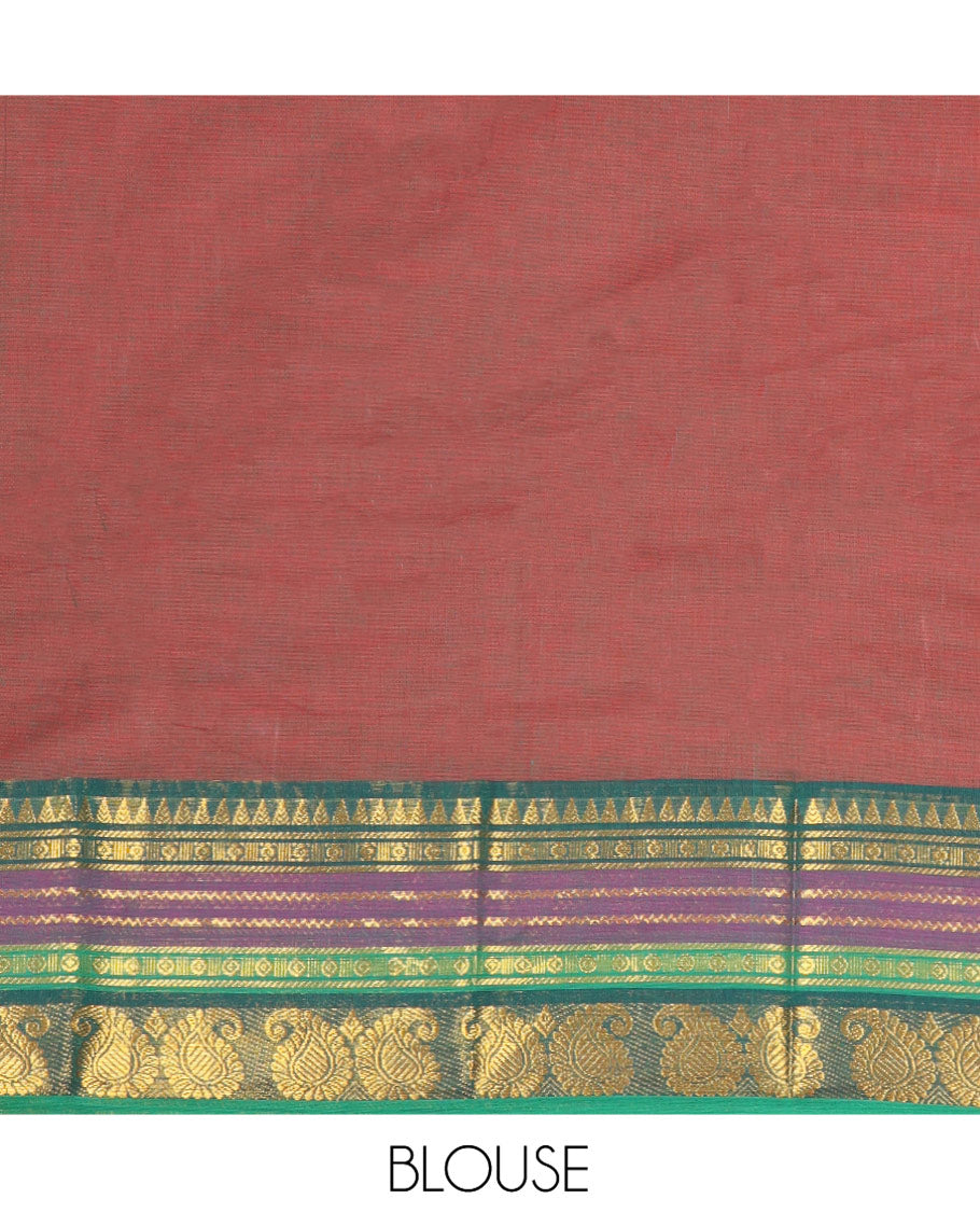Maroon Plain Chettinad Cotton Saree, Complemented by a Contrast Traditional Zari Design Border, Pallu of Stripes, and Paired with a Matching Blouse